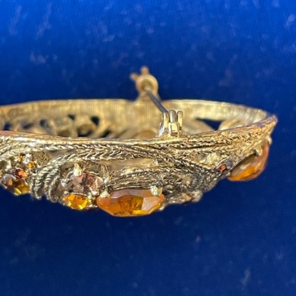 Vintage AMBER AND TOPAZ RHINESTONE BROOCH Gold Tone Braided Pot Metal Pre 1950's - Picture 11 of 12